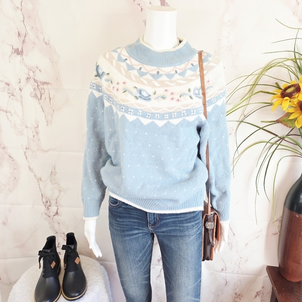 Vintige Women's Nordic Intarsia Blue Patterned Sweater